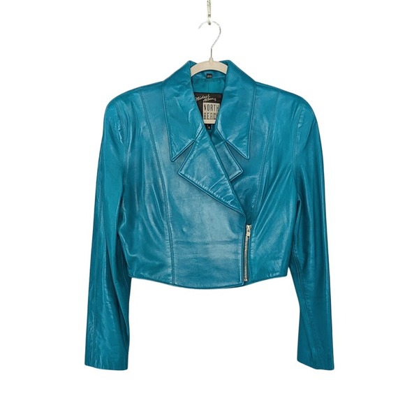 Michael Hoban North Beach Leather Cropped Moto Jacket Turquoise 7/8 - Picture 1 of 11